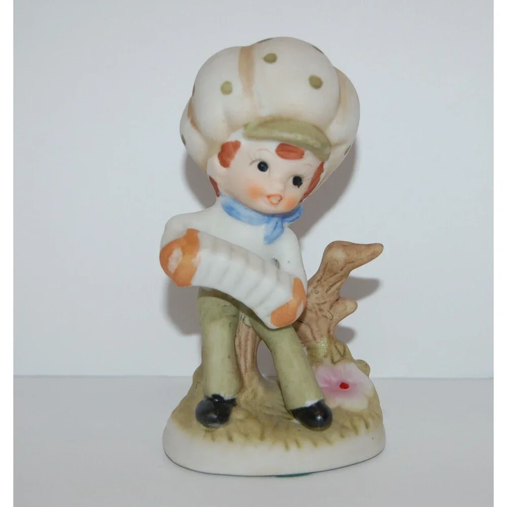 VTG Boy Sitting Playing Accordion Ceramic Figurine Mushroom Hat Green Polka Dots
